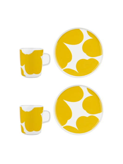 Marimekko Iso Unikko 4-piece Mugs & Plates Set In Yellow