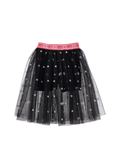 Chiara Ferragni All-over Logomania Tulle Skirt In Black + Silver