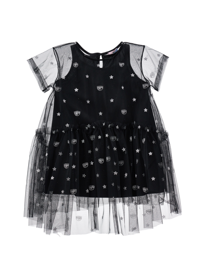Chiara Ferragni All-over Logomania Tulle Dress In Black + Silver