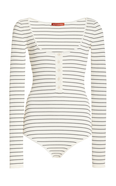 Altuzarra Parley Striped Knit Bodysuit In Ivory/ Black