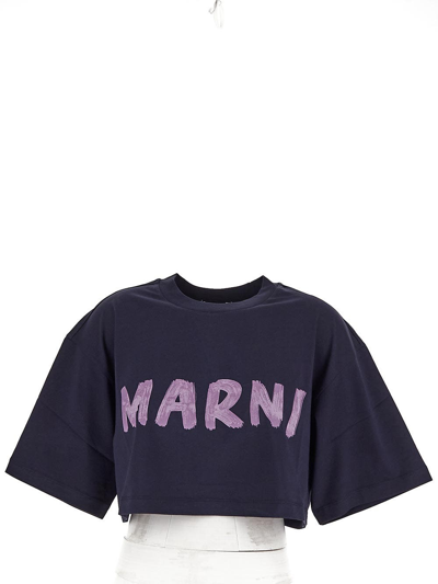 Marni Logo-print Cropped Cotton T-shirt In Dark Blue