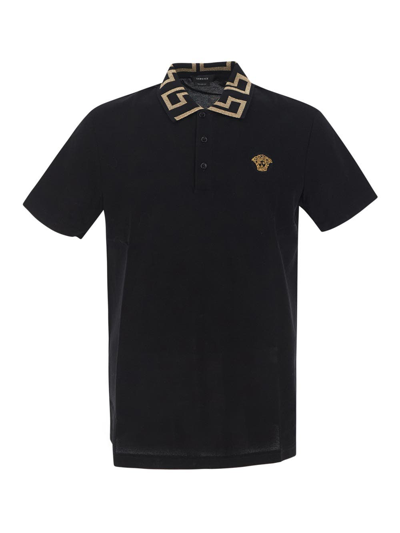 Versace Logo Piqué Cotton Polo Shirt In Black