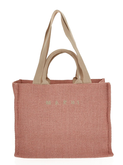 Marni Basket Large Canvas-trimmed Embroidered Faux Raffia Tote In Pink