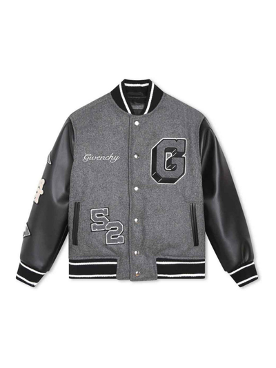 Givenchy Kids' Grey And Black Bomber Jacket With Embroidered Patches