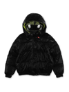 AI RIDERS ON THE STORM GLOSSY BLACK PADDED JACKET WITH HOOD