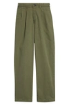Noah Double Pleat Cotton Herringbone Pants In Army Green