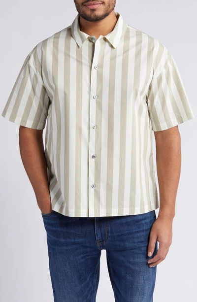 Frame Printed Button Front Short Sleeve Camp Shirt In Smoke Beige Stripe