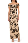 ADRIANNA PAPELL BEADED OFF THE SHOULDER MESH COLUMN GOWN