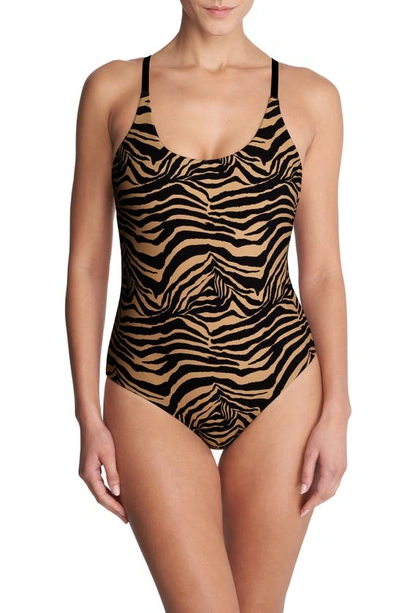 Natori Women's Riviera Reversible One Piece Swimsuit In Camel Zebra,poinsettia