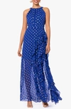 Betsy & Adam Ruffle Metallic Chiffon Gown In Light Navy/ Gold
