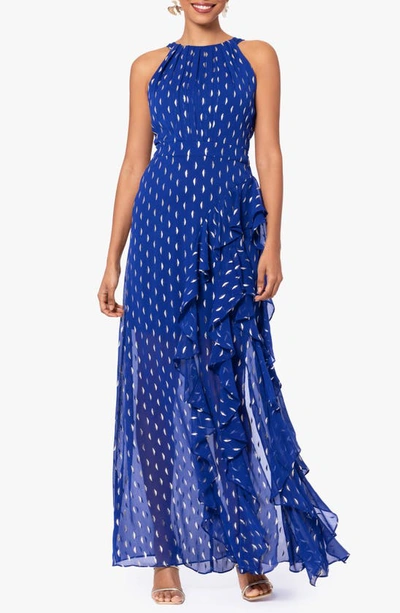 Betsy & Adam Ruffle Metallic Chiffon Gown In Light Navy/ Gold