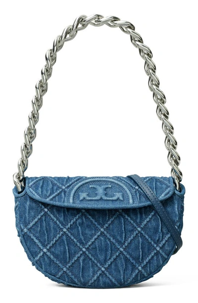 Tory Burch Mini Fleming Soft Denim Crescent Bag In Denim/gold