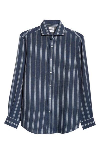 Brunello Cucinelli Men's Linen-cotton Stripe Casual Button-down Shirt In Blue