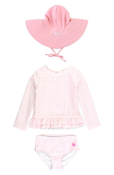 Rufflebutts Kids' Gingham Ruffle Long Sleeve Two-piece Rashguard Swimsuit & Hat Set In Pink