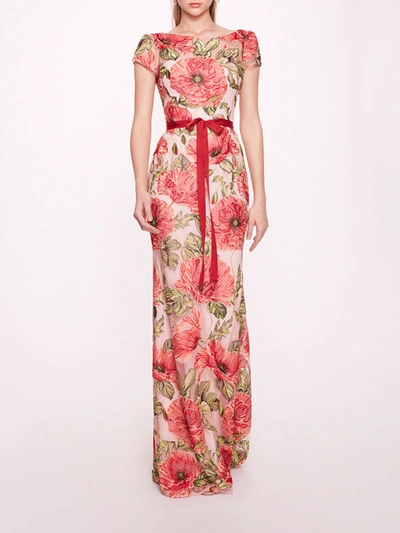 Marchesa Embroidered Boat Neck Gown In Red Pink
