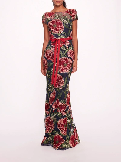 Marchesa Embroidered Boat Neck Gown In Red Navy