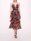MARCHESA EMBROIDERED PLUNGING MIDI DRESS