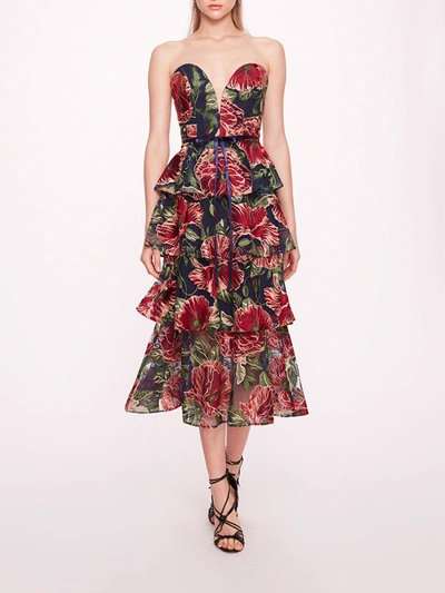 Marchesa Embroidered Plunging Midi Dress In Navy Red