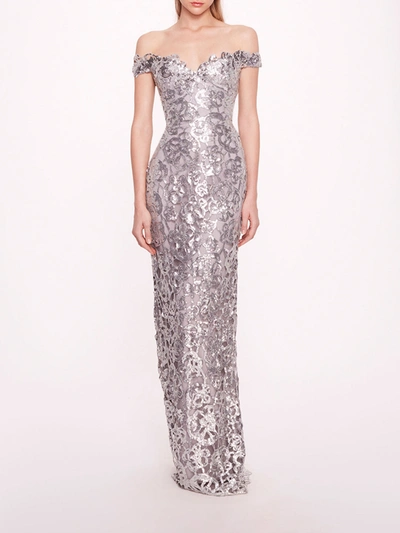 Marchesa Organic Neckline Sequin Gown In Silver