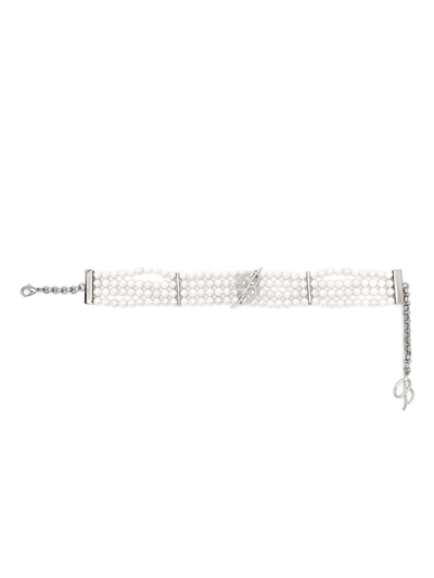 Blumarine Silver-tone Logo-plaque Pearl Choker Necklace