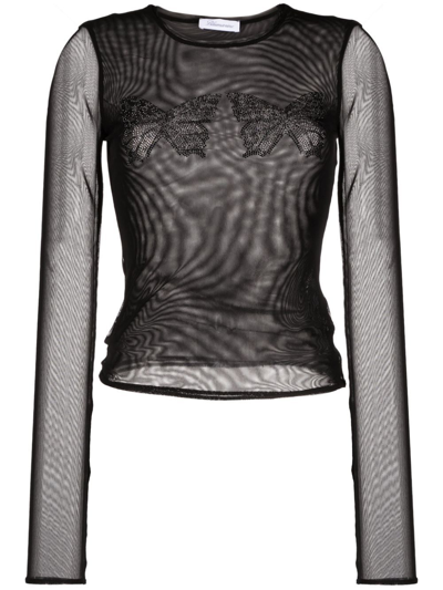 Blumarine Butterfly-embellished Mesh Top In Black