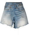 R13 Low Rise Frayed Hem Crossover Denim Shorts In Blue