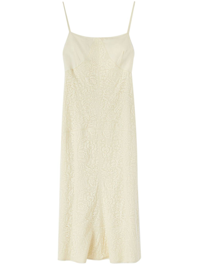 Jil Sander Lace-embroidery Square-neck Midi Dress In Neutrals