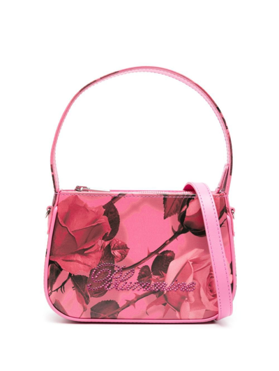 Blumarine Rhinestone-logo Floral-print Leather Tote Bag In Pink
