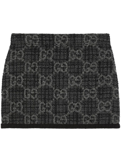 Gucci Grey Gg-pattern Tweed Miniskirt In Black