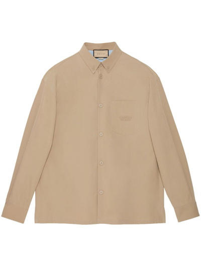 GUCCI NEUTRAL LOGO-EMBROIDERED COTTON SHIRT - MEN'S - POLYESTER/COTTON