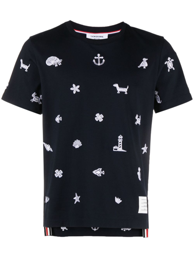 Thom Browne Embroidered Cotton T-shirt In Blue