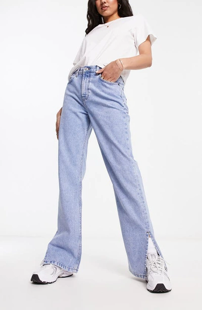 Asos Design Straight Jean With Split Hem In Light Blue