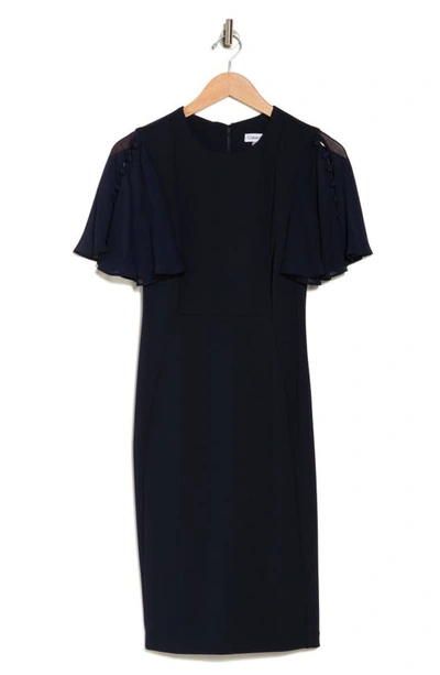 Calvin Klein Tie-neck Chiffon-flutter-sleeve Sheath Dress In Black