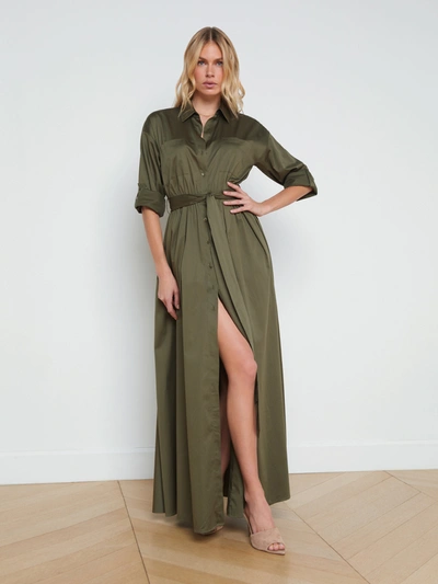 L Agence Cammi Silky Maxi Shirtdress In Ivy Green