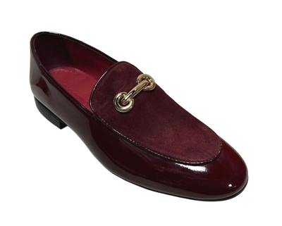 Pre-owned Sigotto Uomo Men's Slip On Burgundy Suede/patent Leather Dress Shoes 6622 In Red