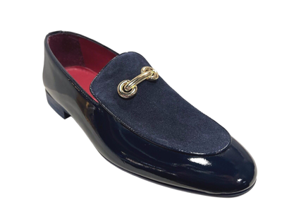 Pre-owned Sigotto Uomo Men's Slip On Navy Blue Suede/patent Leather Dress Shoes 6622