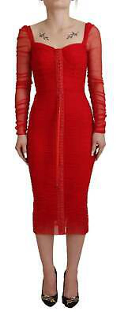 Pre-owned Dolce & Gabbana Red Mesh Trim Bodycon Sheath Midi Dress