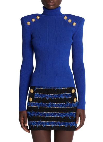 Pre-owned Balmain Knit Jumper With Gold Buttons Women's Blue Roll Turtleneck Eu 44