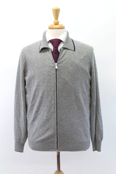 Pre-owned Brunello Cucinelli Nwt$3145  100% Cashmere Logo Zip-up Knit Sweater 50/ 40us A232 In Gray