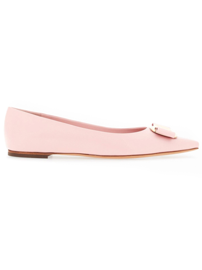 Ferragamo Buckle Pointed Toe Ballerina Shoes In Pink