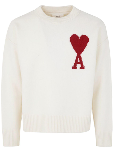 Ami Alexandre Mattiussi Off-white Ami De Cœur Sweater In Off-white/red/154