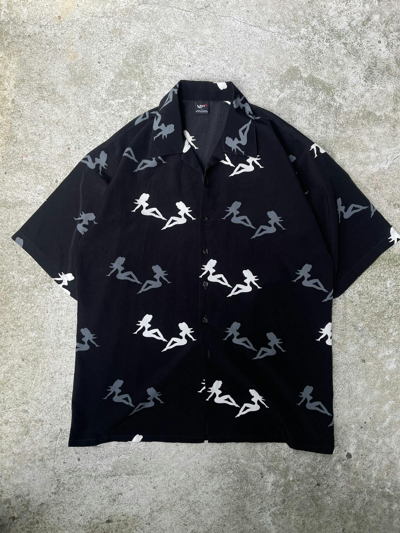 Pre-owned Art X Vintage Y2k Strip Club Girl Logo Camp Collar Bowling Shirt In Black