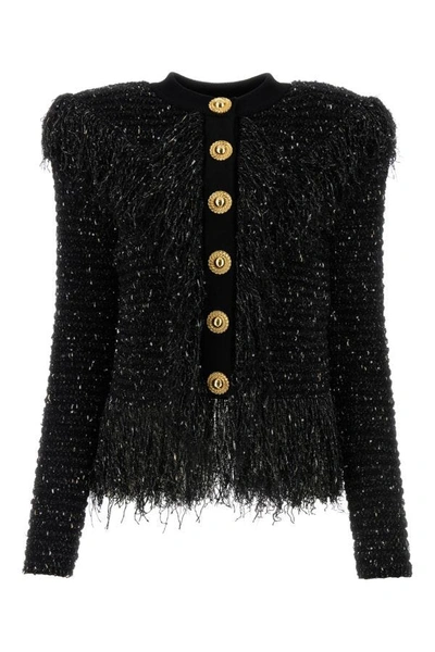 Balmain Glittered Fringed Tweed Jacket In Black