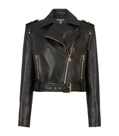 Balmain Leather Cropped Biker Jacket In Black