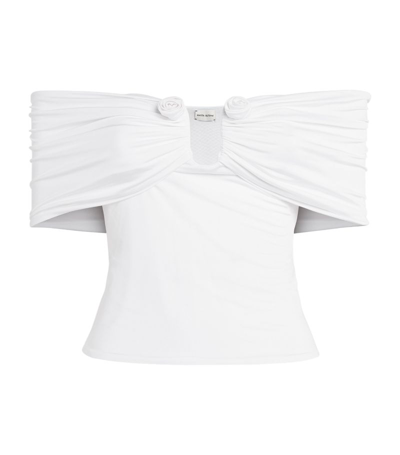 Magda Butrym Floral-appliqué Off-shoulder Jersey Top In 20 White
