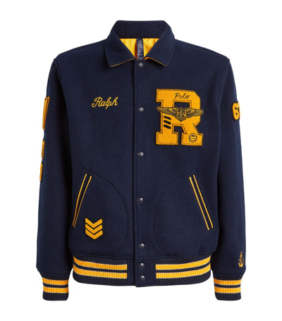 Polo Ralph Lauren Reversible Twill Satin Varsity Bomber Jacket In Ink Basic Gold