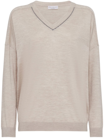 Brunello Cucinelli V-neck Cashmere-silk Sweatshirt In Neutrals