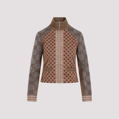 Gucci G Rhombus Jersey Jacquard Zip Jacket In Coffee