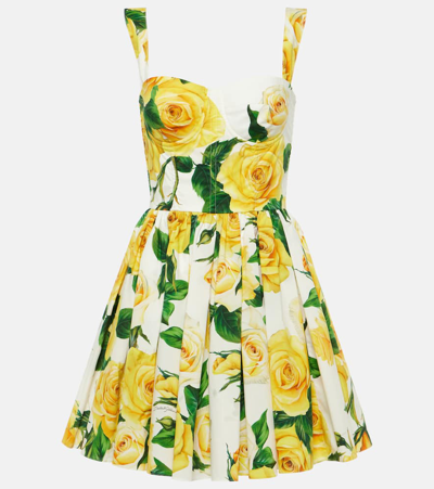 Dolce & Gabbana Rose-print Cotton Minidress In Yellow