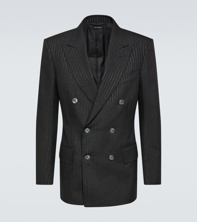Tom Ford Dyllan Double-breasted Striped Metallic Wool And Silk-blend Suit Jacket In Black